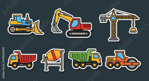 Cartoon Construction Vehicles & Heavy Equipment Stickers Set - Bulldozer, Crane, Excavator, Dump Trucks
