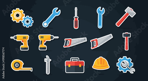 Professional flat design construction and handyman tools icons set. Essential equipment for home repair, industrial maintenance, and DIY projects.