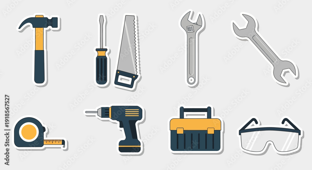 Obraz premium Flat Design Construction & DIY Tools Icon Sticker Pack: Hammer, Screwdriver, Saw, Wrenches, Drill, Tape Measure, Toolbox, Safety Glasses Set