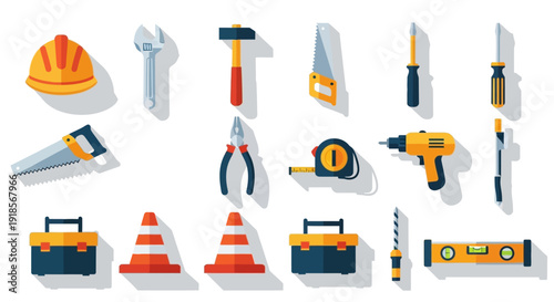 Flat Design Construction and DIY Tools Collection. Essential building, repair, and home improvement equipment icons with modern long shadows.