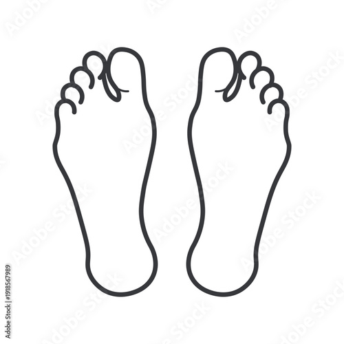 Isolated outline illustration of two human feet viewed from below, toes curled inward, minimal style for anatomy, signage, or design