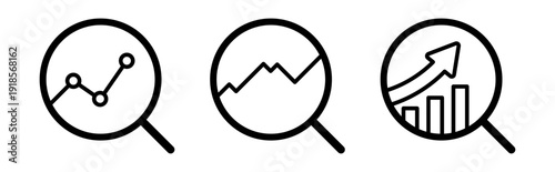 Conjunto de iconos de lupas analíticas. Búsqueda de datos, análisis estadístico, monitoreo de información, investigación visual, evaluación gráfica. Ilustración vectorial lineal
