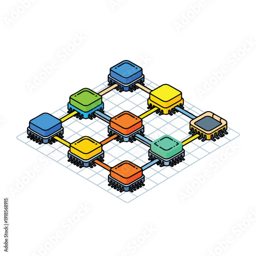 Colorful computer chips on a grid connected by lines