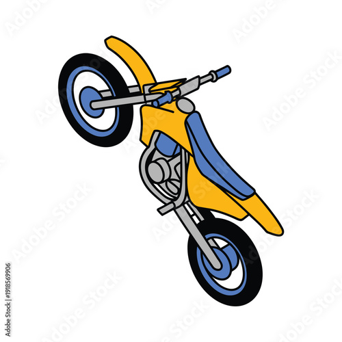 Cartoon illustration of a yellow and blue dirt bike performing a wheelie, with its front wheel lifted high off the ground.