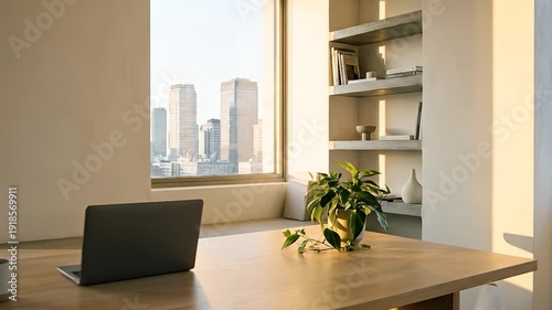 Modern workspace with laptop with coffee, and and city view bathed in sunlight.