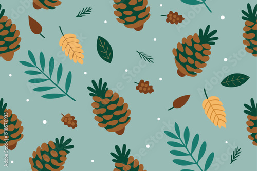 Elegant winter seamless pattern with pine cones and leaves, creating a natural and festive backdrop for holiday and seasonal designs.