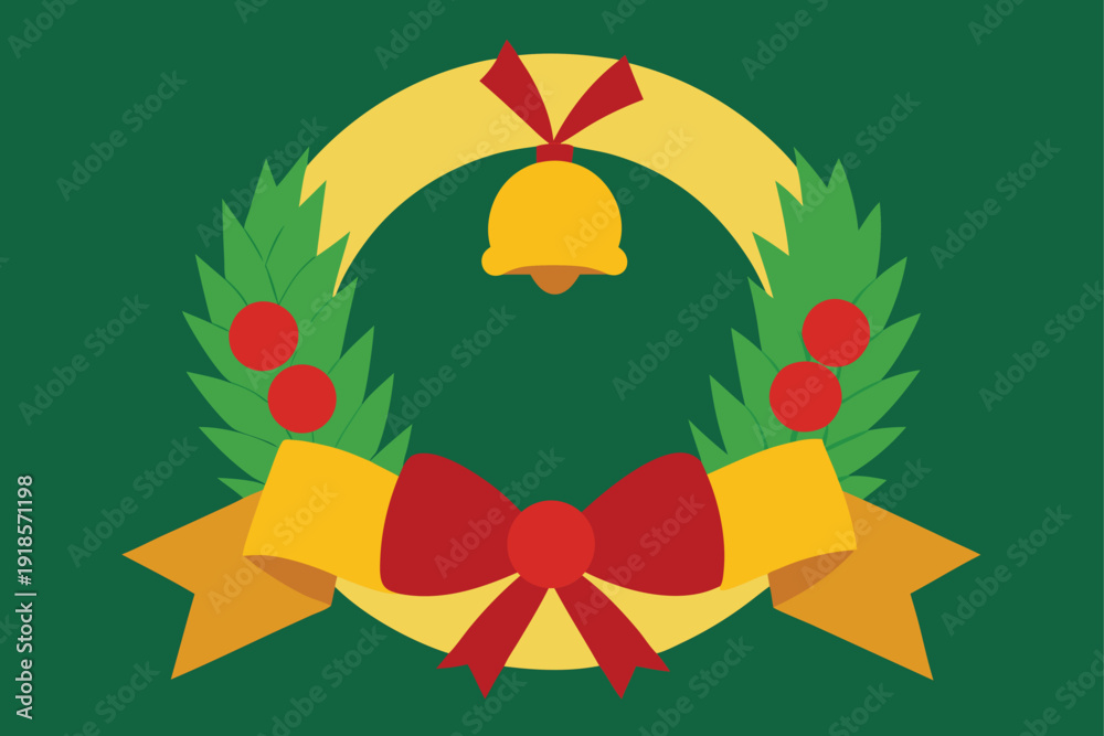 Naklejka premium Festive pine wreath embellished with golden bells and a decorative ribbon, suitable for elegant Christmas cards and holiday designs.