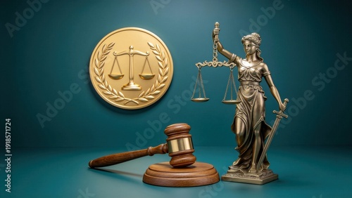 Lady justice statue with scales and sword beside golden legal emblem and gavel on green background,law court symbolism of fairness,authority and judicial system concept