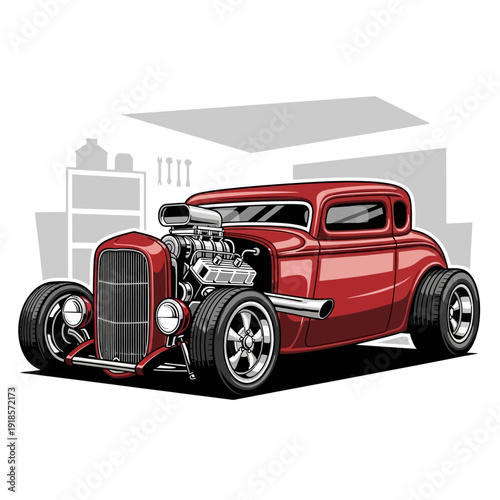 Red Hot Rod Coupe with Exposed Engine and Wide Tires