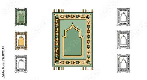 Collection of Islamic prayer rugs with ornate designs and border details