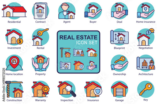 Real estate icon set. Colored icon style. Containing icon residential, rental, deal and more. Real estate element vector illustration