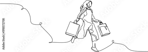 Continuous one line drawing of a woman walking with shopping bags, minimalist fashion and lifestyle vector illustration.
