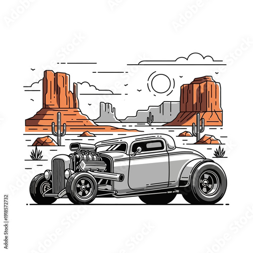Vintage Hot Rod Car in Desert Landscape with Cacti and Mesas