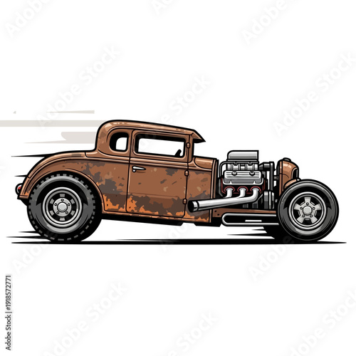 Classic Rusty Hot Rod Car Driving Fast, Vintage Automobile Illustration