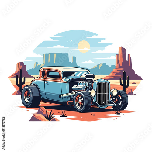 Vintage Hot Rod Car Desert Landscape Illustration