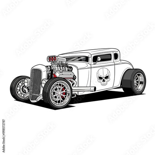 Vintage Hot Rod Car with Skull Decal and Exposed Engine