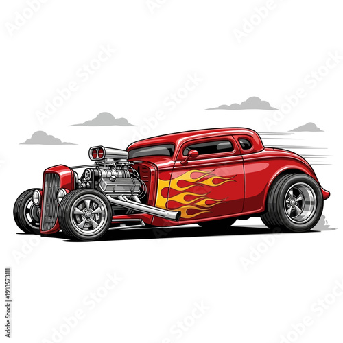Red Hot Rod Car with Flames and Powerful Engine