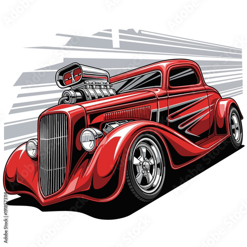 Vintage Red Hot Rod Coupe with Supercharger and Flames
