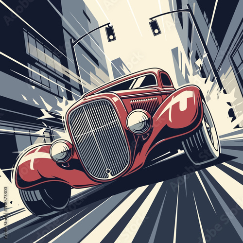 Vintage Red Hot Rod Car Driving Fast Through City Streets