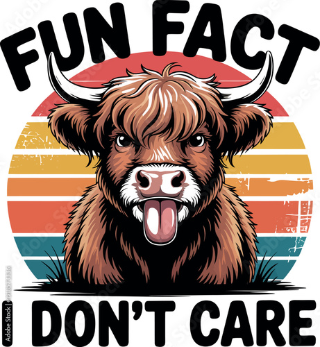 Fun fact i don't care sarcastic quote with highland cow and retro sunset landscape