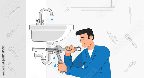 Plumber fixing dripping sink pipe with tools, home maintenance concept