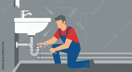 Plumber Repairing Sink Pipes with Tools