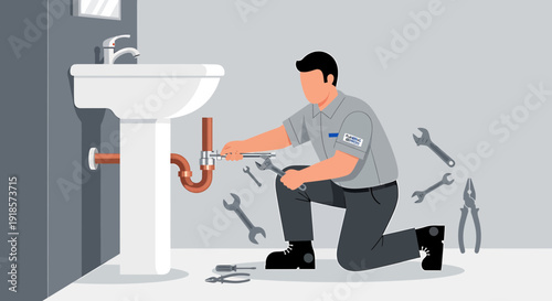 Plumber Fixing Sink Pipes with Tools - Flat Design Illustration