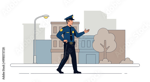 Police Officer Walking on City Street with Buildings Background