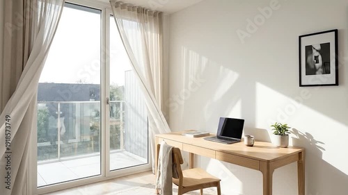 Sunny Home Office Workspace Laptop with Curtains, and Desk  Window View Light  Airy.