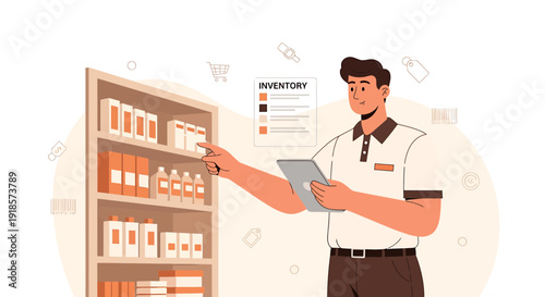 Retail associate checking inventory on tablet next to shelves of products
