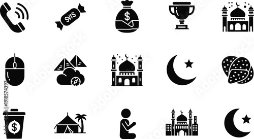 Ramadan and Islamic lifestyle icon set featuring mosque prayer charity moon food and celebration symbols in solid black vector style