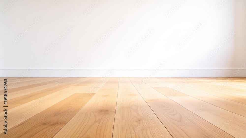 Naklejka premium Empty wooden floor with white wall background,minimal interior space template for product display,studio mockup and advertising presentation backdrop