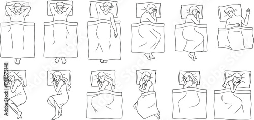 Sleeping positions illustration set, men and women in bed top view, healthy sleep posture line art collection isolated