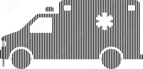 Stylized black and white ambulance icon with vertical line pattern art