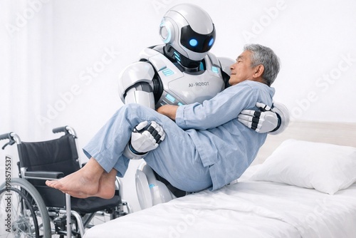 シニア男性を車椅子からベッドへ移す介護士のフィジカルAI(AIロボット)
nursing care
Physical AI 
AI Robot