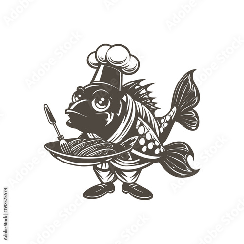 A vintage monochrome illustration of an anthropomorphic fish chef wearing a hat and apron, holding a plate of food with a fork.