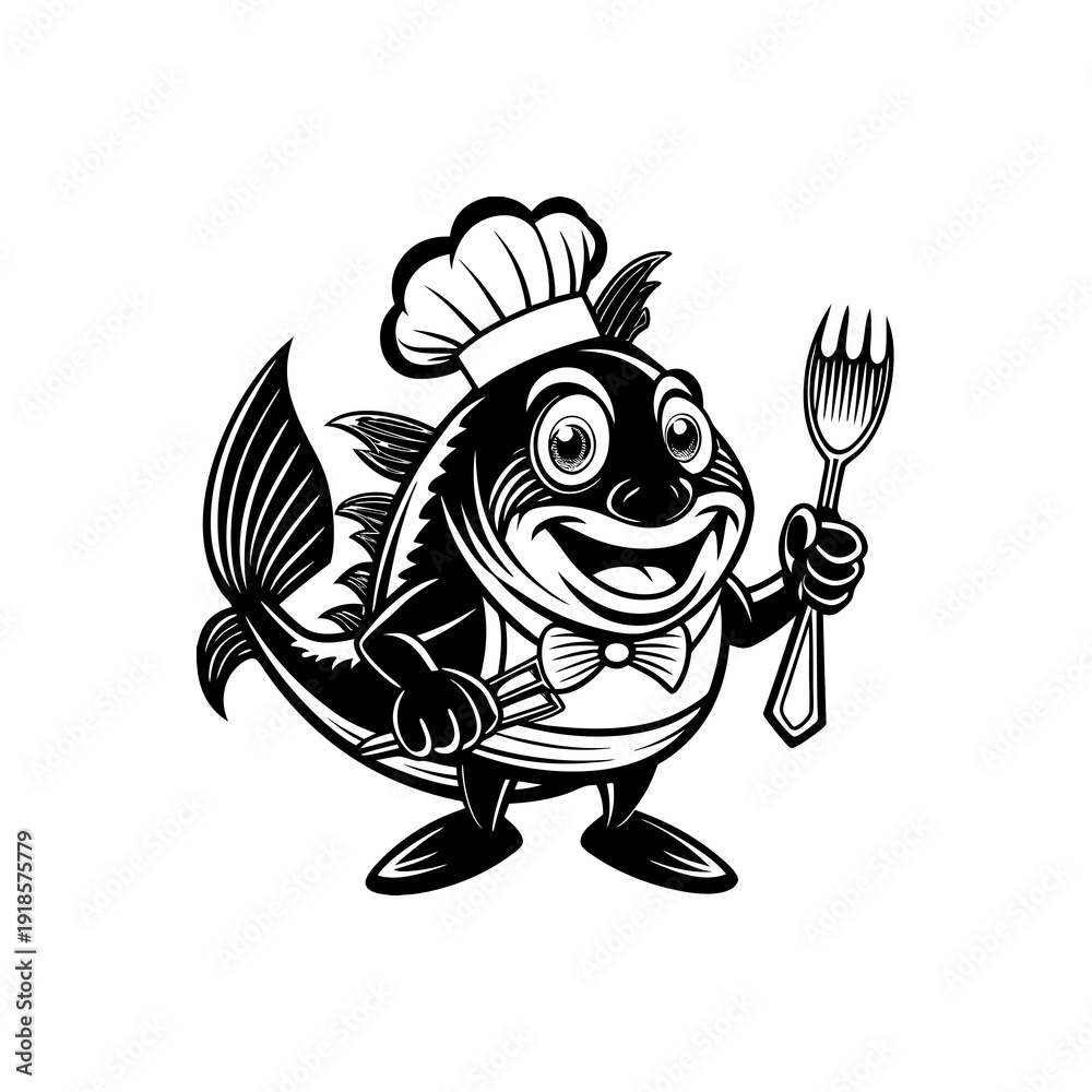 Fototapeta premium A cartoon fish wearing a chef's hat and holding a fork and knife, ready to serve a meal.