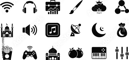 Universal multimedia and lifestyle icon set featuring technology entertainment food religion music and communication symbols in solid black vector style