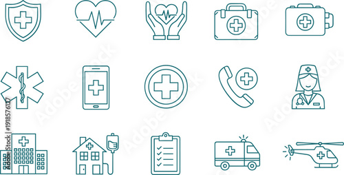Healthcare and medical service icon set featuring hospital emergency protection doctor and first aid symbols in clean outline vector style