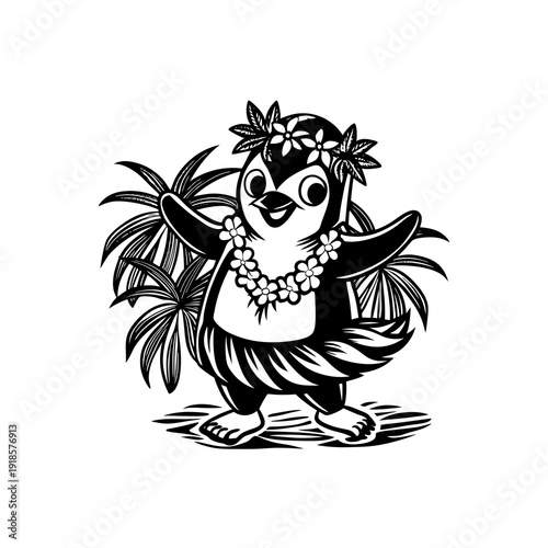 Cute cartoon penguin wearing a lei and hula skirt, dancing with palm leaves in the background, black and white illustration.