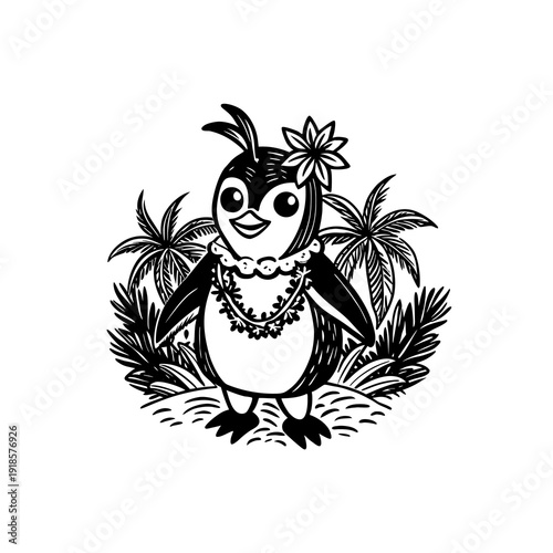 Cute cartoon penguin wearing a flower and lei, standing among palm trees in a tropical, black and white illustration.