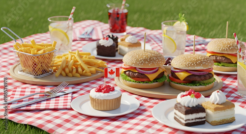 Wallpaper Mural Delicious outdoor picnic spread with burgers fries cupcakes and drinks on a red gingham tablecloth in a green grassy area Torontodigital.ca