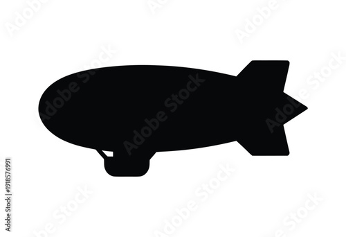 Black silhouette of a classic blimp or airship flying horizontally against a white background.