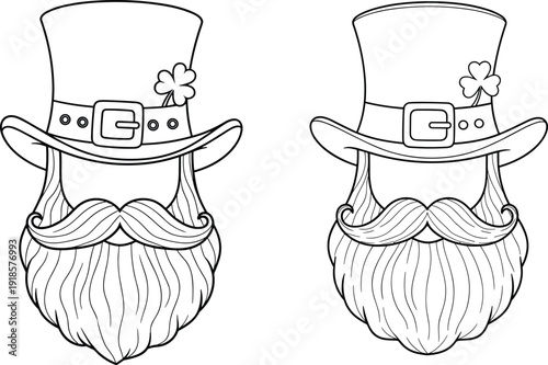 Black and white line art coloring page illustration featuring two cartoon leprechaun faces with curly beards, bushy mustaches, and traditional hats with shamrocks.