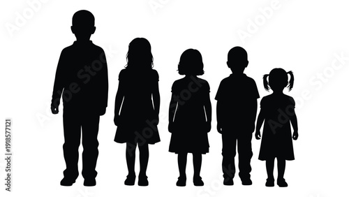 A group of five people standing together in silhouette form isolated on white background, Vector