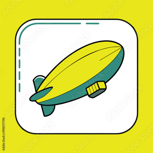 Cartoon illustration of a yellow and teal blimp or airship floating in the sky, with a clean, minimalist design and rounded border.