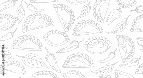Empanada and Chili Pepper Line Art Seamless Pattern