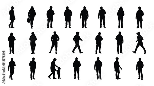 A diverse collection of silhouetted figures engaged in various activities and poses isolated on white background, Vector