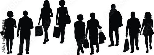 Silhouettes of nine diverse individuals walking with shopping bags, representing consumer behavior, urban lifestyle, retail activity, diversity, commerce, and social interaction in public spaces