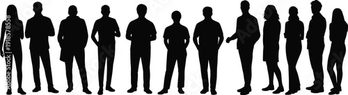 Silhouettes of twelve diverse individuals standing in a line, each with unique posture and attire, symbolizing diversity, unity, anonymity, social representation, and collective human presence
